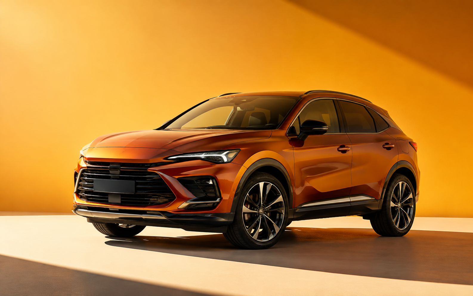 Burnt-orange luxury crossover in a sunlit studio